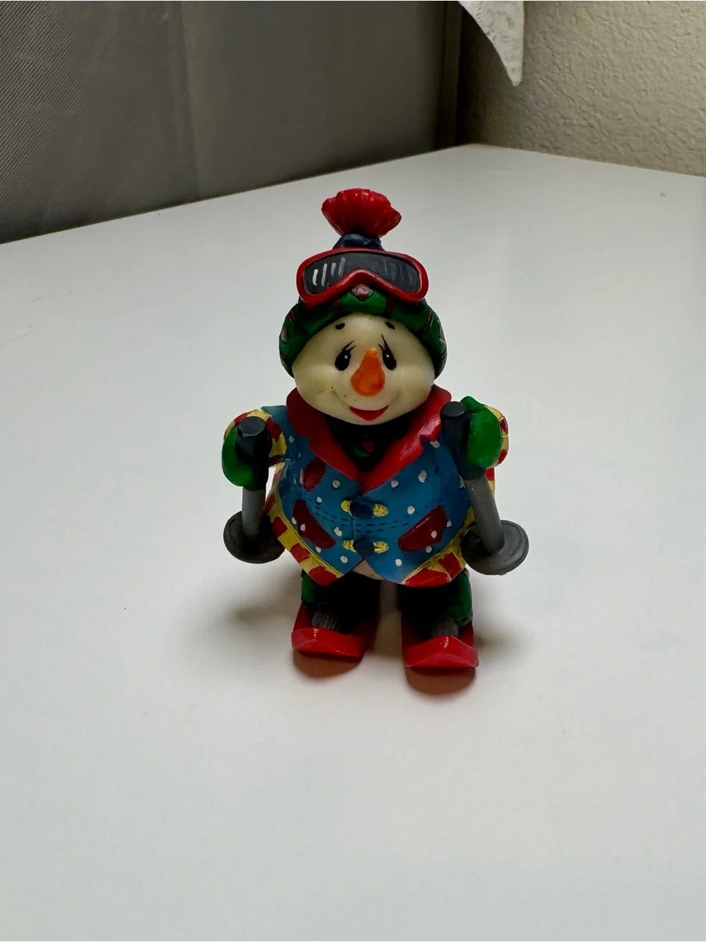 Colorful Red & Green Ski Snowman Resin Figurine